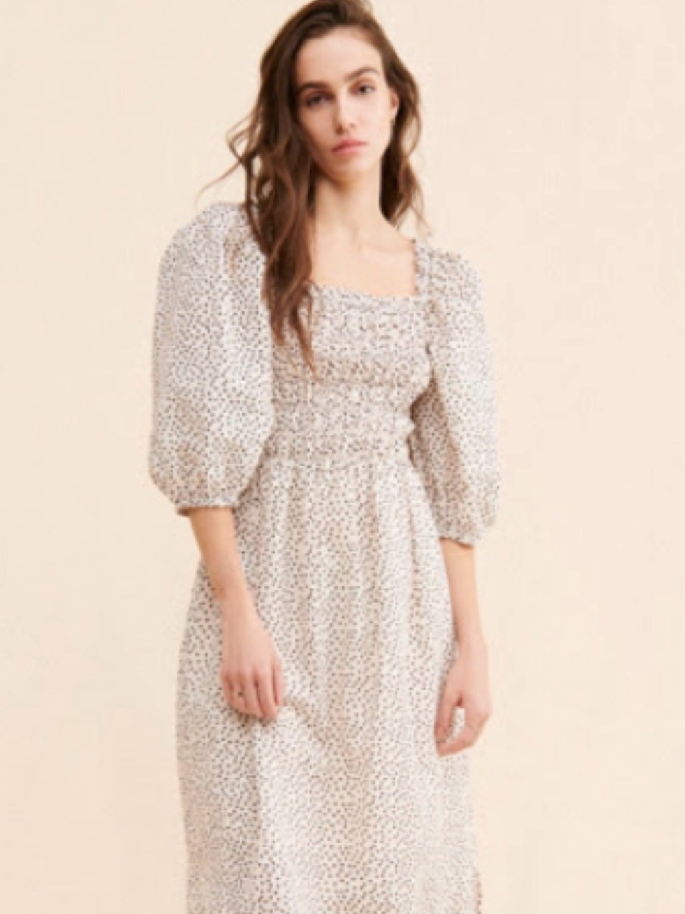 Just Female Cream and Black Polka Dot Smocked Dress • organic cotton